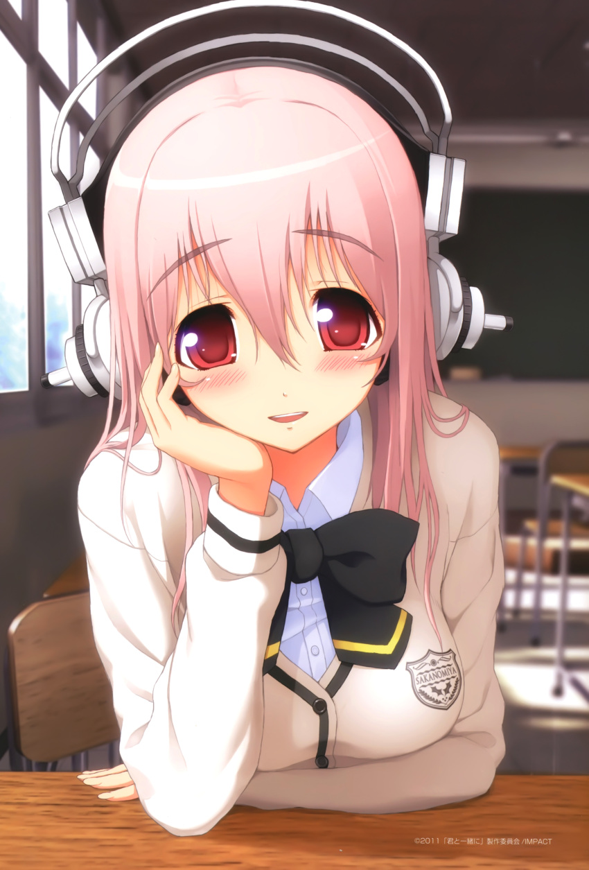 absurdres blush bow breasts headphones highres large_breasts long_hair looking_at_viewer nitroplus open_mouth pink_hair red_eyes school_uniform smile solo sonico super_sonico tsuji_santa