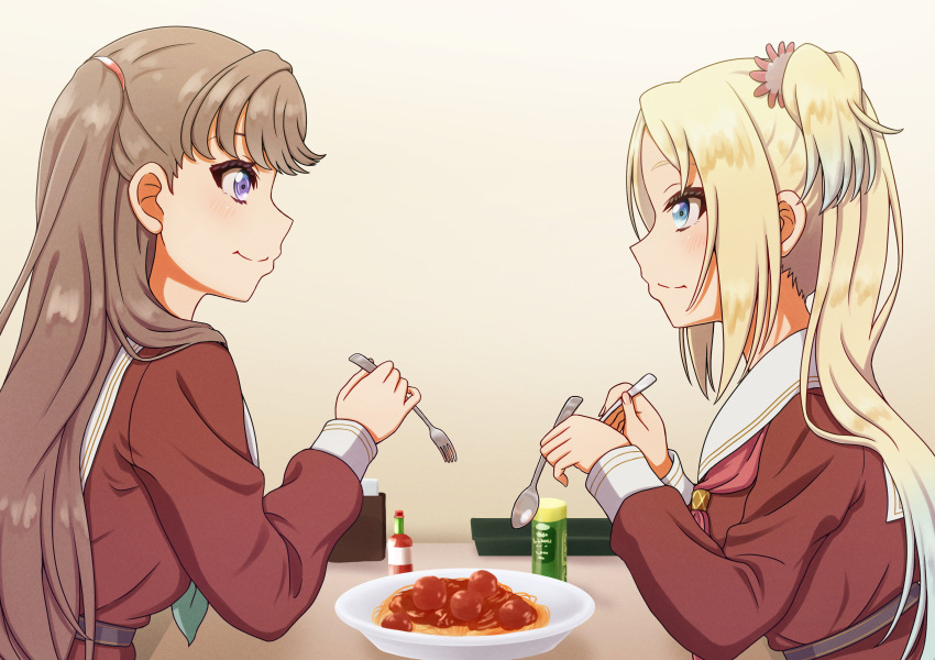 2girls absurdres aqua_neckerchief blonde_hair blue_eyes blue_hair brown_dress brown_hair closed_mouth commentary_request dress eating elbows_on_table eye_contact flower food fork fujishima_megumi gradient_hair hair_flower hair_ornament hasu_no_sora_school_uniform highres holding holding_fork holding_spoon kaberiemate link!_like!_love_live! long_hair long_sleeves looking_at_another love_live! meatball mira-cra_park! multicolored_hair multiple_girls neckerchief osawa_rurino parted_bangs pasta pink_flower profile red_neckerchief sailor_collar sailor_dress school_uniform sideways_mouth sitting spaghetti spaghetti_and_meatballs split_mouth spoon tabasco twintails two_side_up upper_body violet_eyes virtual_youtuber white_sailor_collar winter_uniform