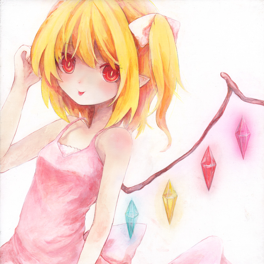 acrylic_paint_(medium) alternate_costume bad_id bare_shoulders blonde_hair flandre_scarlet hat highres nanashina pointy_ears red_eyes side_ponytail solo the_embodiment_of_scarlet_devil tongue tongue_out touhou traditional_media