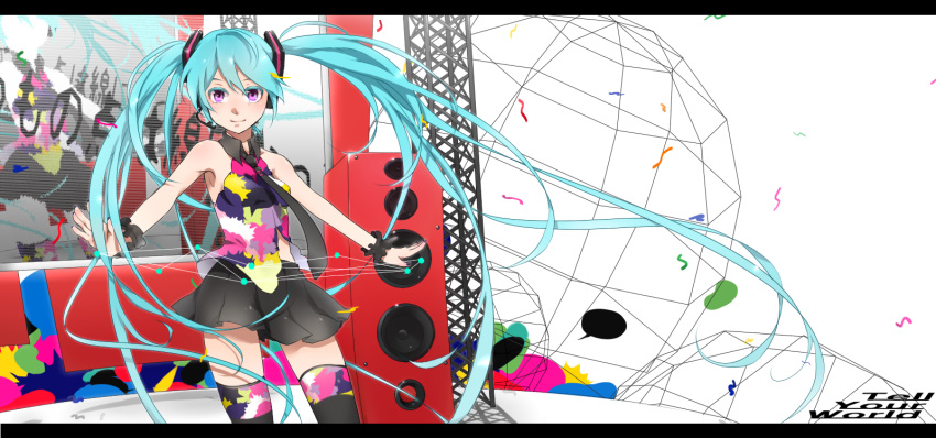 1girl aqua_hair armpits bare_shoulders hatsune_miku headset highres letterboxed long_hair necktie outstretched_arms purple_eyes skirt solo speaker tell_your_world_(vocaloid) thighhighs twintails very_long_hair vocaloid