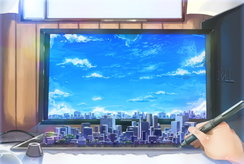 city cityscape computer dell hands monitor pen ryouma_(galley) scenery sky tablet