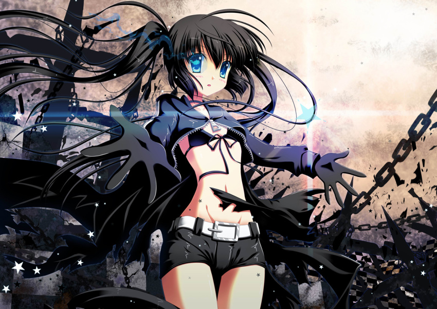 bikini_top black_hair black_rock_shooter black_rock_shooter_(character) blue_eyes bra chain chains coat glowing glowing_eyes long_hair looking_at_viewer midriff navel short_shorts shorts solo torn_clothes twintails underwear vashaps2 very_long_hair