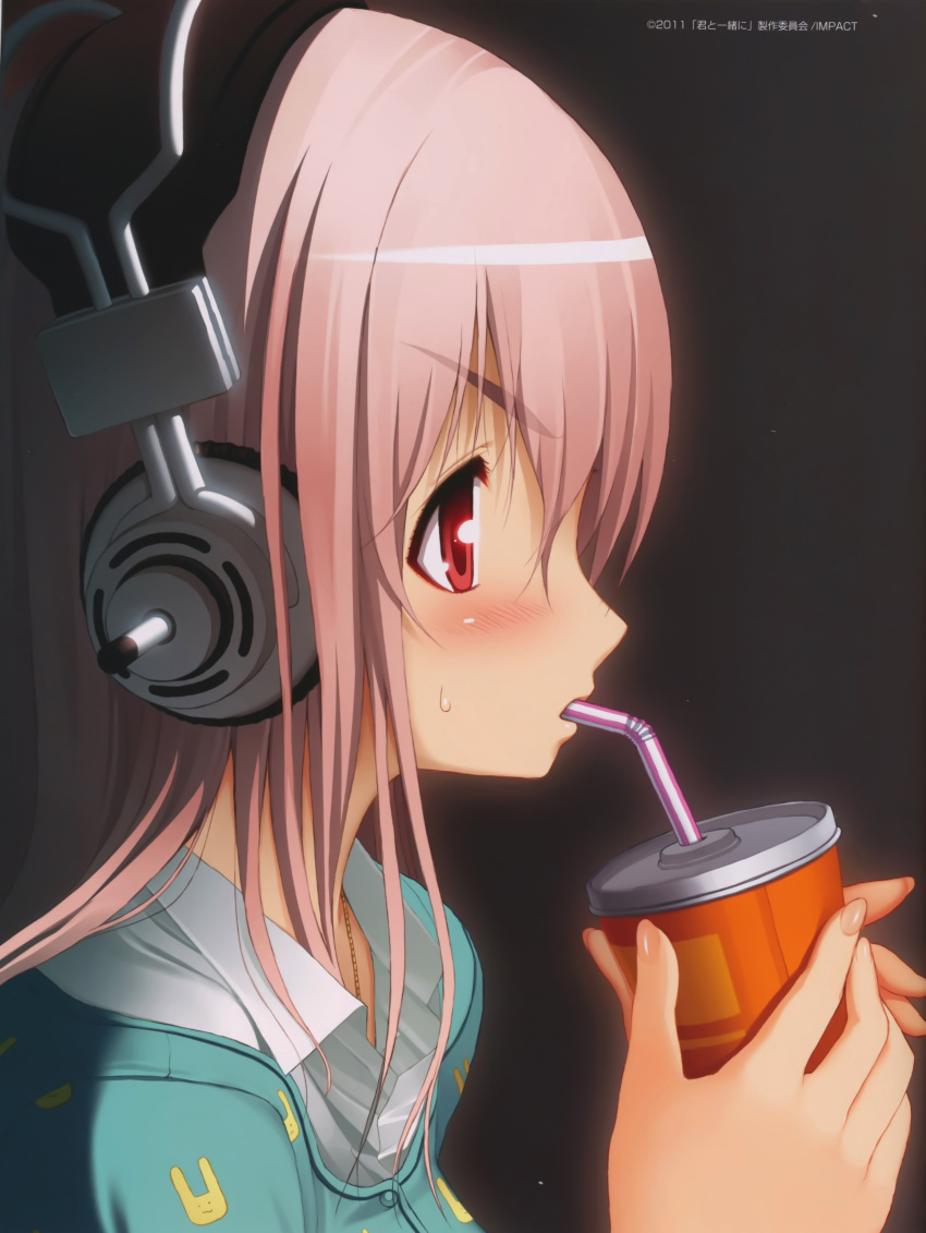 2011 absurdres black_background blush bust drinking fingernails headphones highres jewelry necklace nitroplus pink_hair profile red_eyes simple_background solo sonico straw super_sonico sweatdrop tsuji_santa
