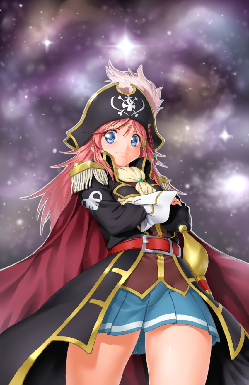 belt blue_eyes cape cravat crossed_arms epaulettes from_below hair_ornament hairclip hat hat_feather highres katou_marika long_hair looking_at_viewer miniskirt_pirates onsoku_maru pink_hair pirate pirate_hat pleated_skirt rapier saber saber_(weapon) sabre skirt skull_and_crossbones smile solo space star_(sky) sword weapon