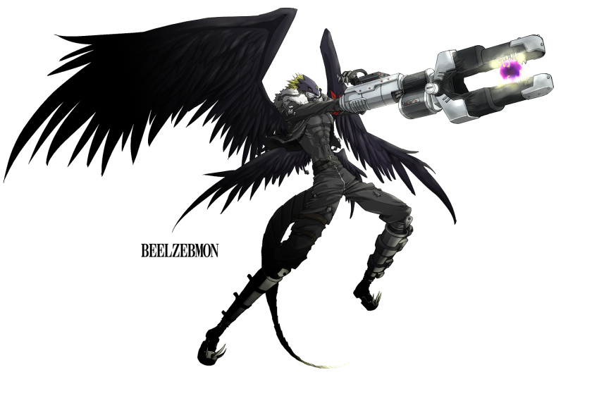 arm_cannon beelzebumon belt blonde_hair buckle character_name charging digimon digimon_tamers fur_coat gauntlets green_eyes grey_skin jacket leather male mask monster multiple_wings no_humans short_hair shoulder_pads solo spikes tail third_eye weapon white_background wings yukiji_(mogari)