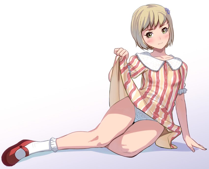 arm_support bad_id blonde_hair blush bobby_socks collarbone dress dress_lift flower footwear green_eyes green_hair hair_ornament hairclip huang_baoling legs mary_janes masao on_side panties pantyshot shoes short_hair skirt skirt_lift socks solo tiger_&amp;_bunny underwear