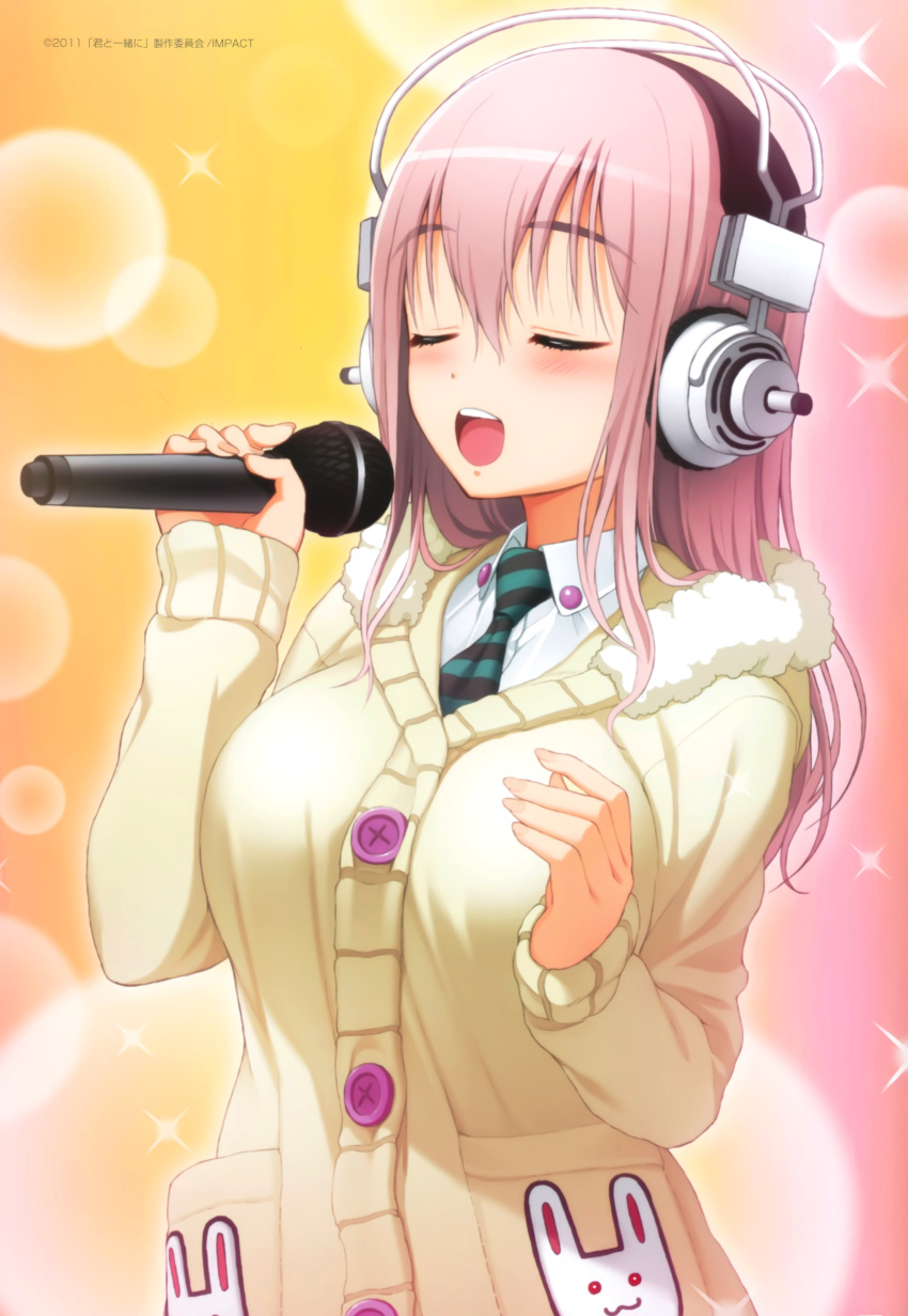 absurdres breasts headphones highres large_breasts long_hair microphone nitroplus open_mouth pink_hair red_eyes sonico super_sonico sweater tsuji_santa