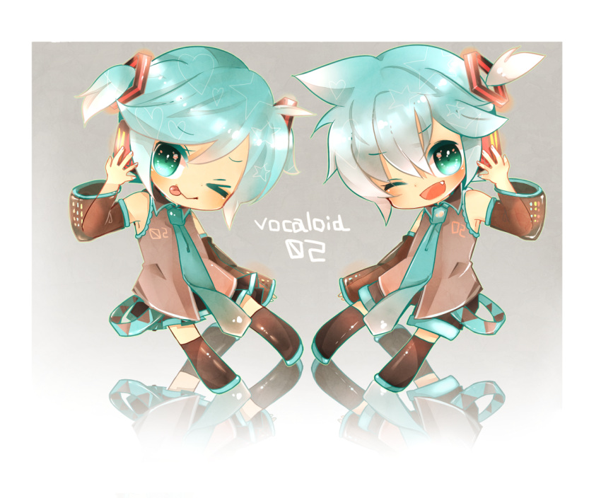 aqua_hair chibi cosplay hands_on_headphones headphones kagamine_len kagamine_rin necktie twintails vocaloid