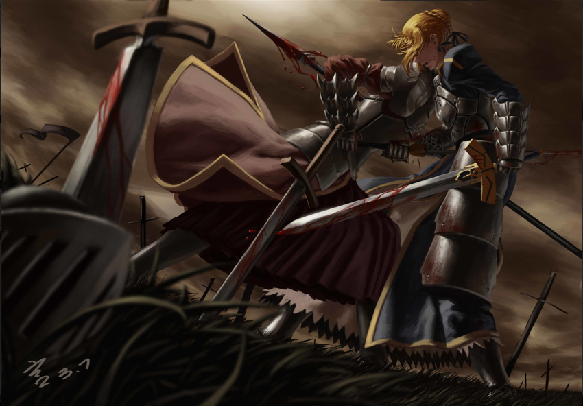 1boy 1girl armor armored_dress battlefield blonde_hair blood blood_on_face blood_stain braid breastplate clarent dress dutch_angle excalibur fate/stay_night fate_(series) faulds feitie field_of_blades flag french_braid gauntlets grass greaves hair_over_eyes hair_ribbon helm helmet holding mordred mother_and_daughter mother_and_son multiple_girls open_mouth parody pauldrons planted_sword planted_weapon polearm puffy_sleeves ribbon saber saber_of_red short_hair signature sky spear stabbing sword weapon