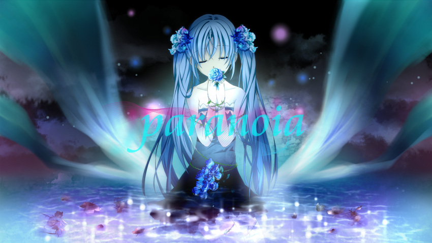 bare_shoulders blue blue_dress blue_hair blue_rose closed_eyes clouds collarbone dress english eyes_closed flower hair_flower hair_ornament hands_together hatsune_miku head_tilt highres holding leaf long_hair mariwai_(marireroy) paranoia_(vocaloid) partially_submerged rose sleeveless sleeveless_dress solo strapless_dress thorns twintails very_long_hair vines vocaloid wading water