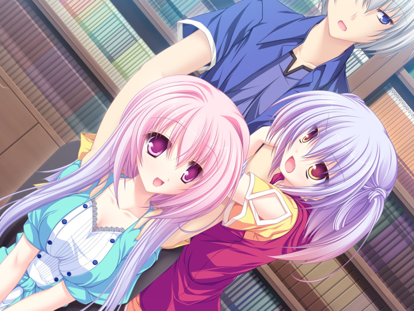 2girls 77 blue_eyes game_cg long_hair mikagami_mamizu orange_eyes pink_eyes pink_hair purple_hair short_hair tsuneha_aki tsuneha_miki