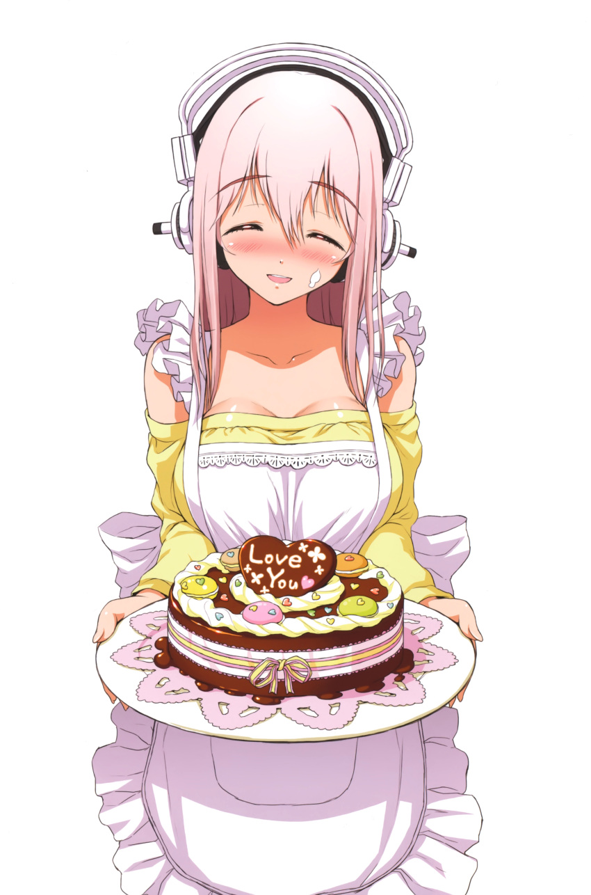 ^_^ absurdres apron blush breasts cake chocolate closed_eyes cream eyes_closed food food_on_face frills headphones heart highres large_breasts long_hair macaron nitroplus open_mouth pink_hair smile solo sonico super_sonico tsuji_santa