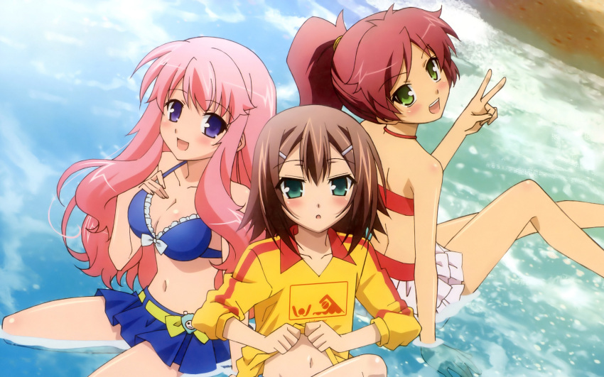 10s 1boy 2girls baka_to_test_to_shoukanjuu beach belly_button belt bikini bikini_skirt blue_eyes blush brown_hair green_eyes himeji_mizuki kinoshita_hideyoshi ocean official_art pink_hair ponytail purple_eyes red_hair ribbon shimada_minami sitting trap yellow_shirt