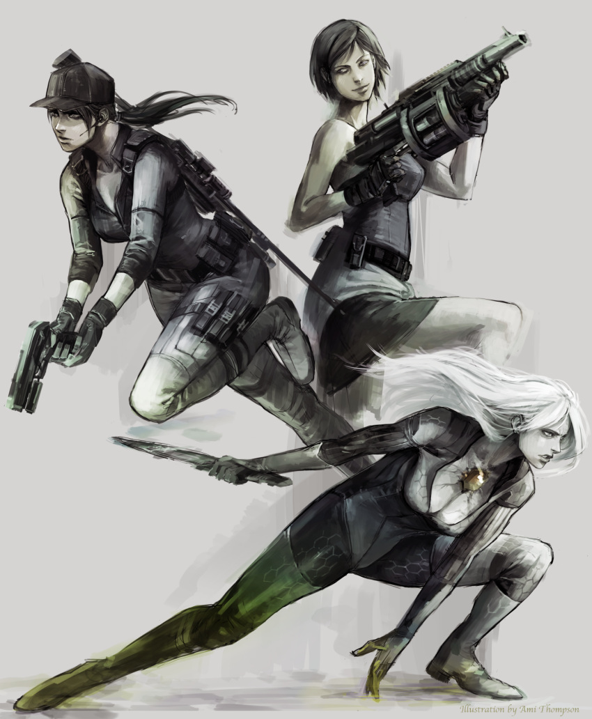 ami_thompson baseball_cap belt black_gloves black_hair gloves gun hat highres jill_valentine long_hair m32 milkor_mgl multiple_girls multiple_persona ponytail resident_evil resident_evil_3 resident_evil_5 short_hair skirt smile weapon white_hair