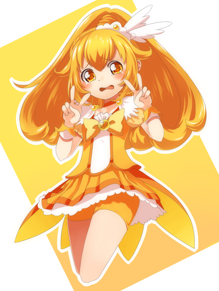 1girl bike_shorts blonde_hair bowtie brooch choker cure_peace double_v dress hair_ornament hairpin highres jewelry kise_yayoi konya_(chocolate_palette) long_hair magical_girl nervous orange_bike_shorts precure shorts_under_skirt skirt smile_precure! solo tears v yellow yellow_background yellow_dress yellow_eyes