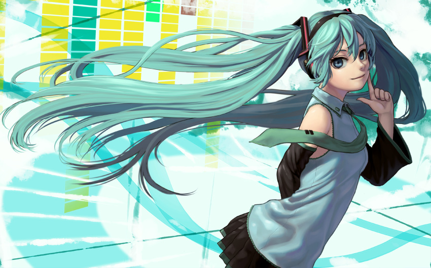 1923x1200 aqua_hair arms_behind_back bare_shoulders blue_eyes detached_sleeves finger_to_face hatsune_miku headphones highres lasterk long_hair looking_at_viewer necktie pleated_skirt skirt smile solo twintails very_long_hair vocaloid wallpaper