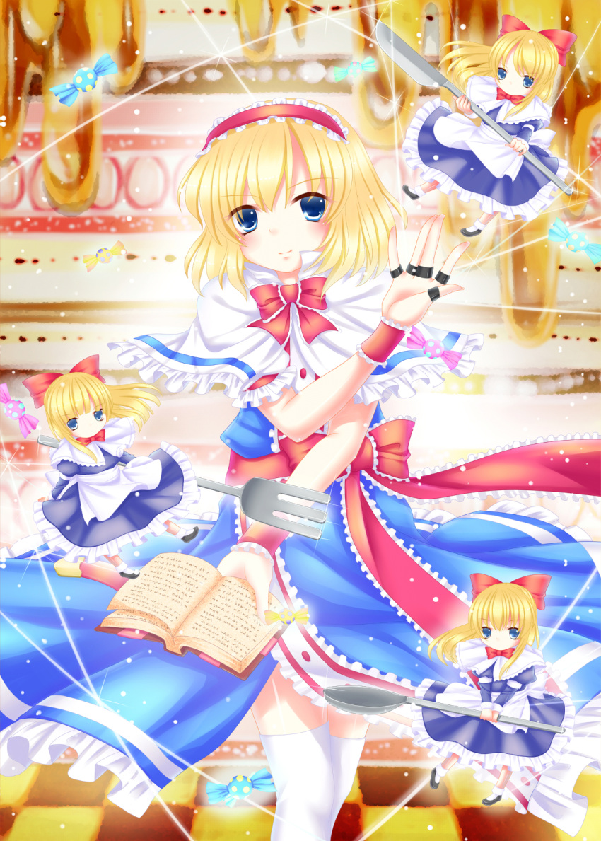 akuriru alice_margatroid apron arm_up blonde_hair blue_dress blue_eyes book bow cake candy capelet dress dripping food fork frills glint headband highres holding jewelry knife light_smile long_sleeves looking_at_viewer no_mouth open_hand puppet_strings ring sash shanghai_doll short_hair short_sleeves solo spoon thigh-highs thighhighs touhou wrist_cuffs