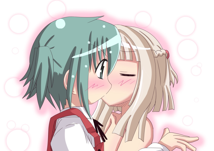 2girls green_hair hidamari_sketch kiss multiple_girls naruse_mahi nazuna nori nude school_uniform short_hair yuri
