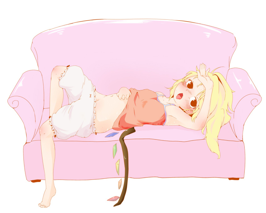 armpits bacho barefoot blonde_hair bloomers bloomers_pull blush camisole casual child couch fang flandre_scarlet hand_on_stomach highres hot lying navel no_hat no_headwear on_back open_mouth short_hair side_ponytail simple_background solo stomach sweat the_embodiment_of_scarlet_devil tongue tongue_out touhou underwear underwear_only undressing wings