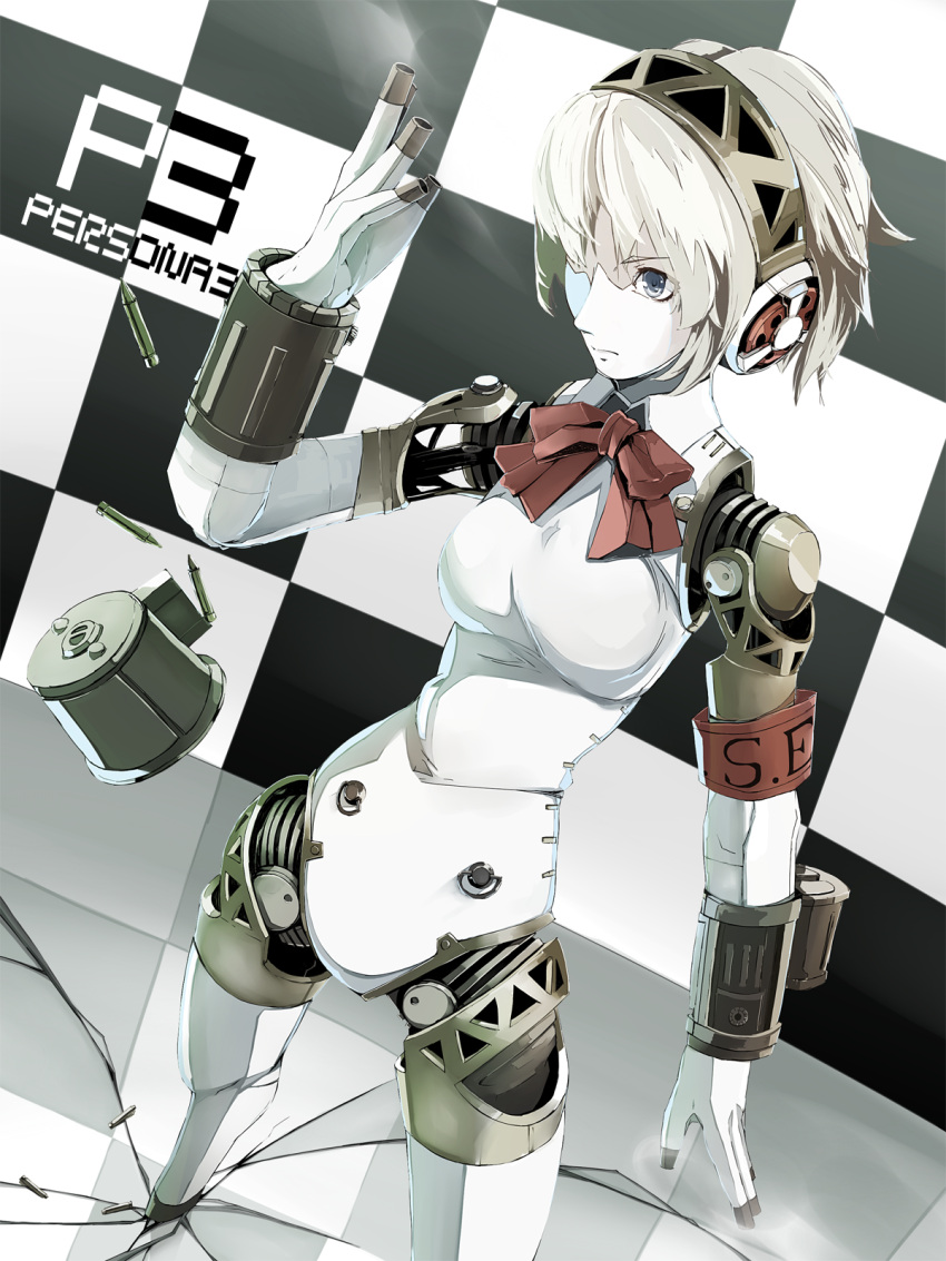aegis android armband blonde_hair blue_eyes bow breasts bullet checkered checkered_background el-f highres persona persona_3 ribbon short_hair solo