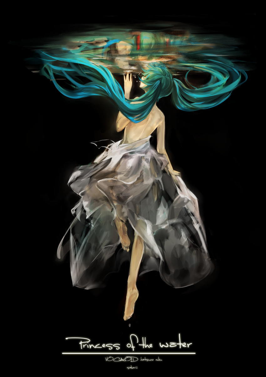 absurdres aqua_eyes aqua_hair barefoot character_name dress faux_traditional_media feet hatsune_miku highres long_hair reflection saberiii solo twintails underwater very_long_hair vocaloid white_dress