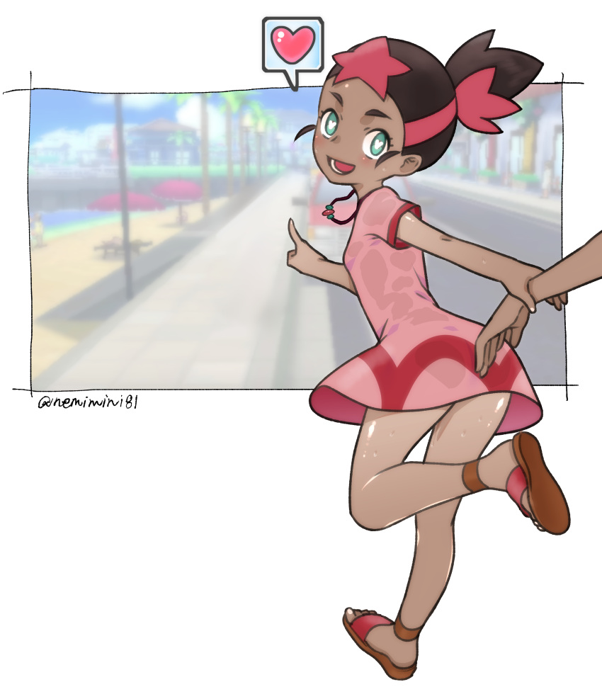 1boy 1girl absurdres blush brown_hair commentary_request dark-skinned_female dark-skinned_male dark_skin dress eyelashes green_eyes heart heart-shaped_pupils highres holding_another's_wrist jewelry leg_up looking_back lower_teeth mimo_(pokemon) necklace nemimini open_mouth pink_dress pointing pokemon pokemon_(anime) pokemon_sm_(anime) red_footwear redhead sandals shiny shiny_skin short_hair short_sleeves spoken_heart standing standing_on_one_leg symbol-shaped_pupils teeth tongue wet wet_clothes wet_dress
