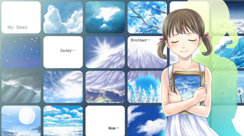 angel_wings brown_hair closed_eyes doujima_nanako dress english eyes_closed persona persona_4 picture_(object) picture_frame sepe short_twintails solo sundress text twintails wings