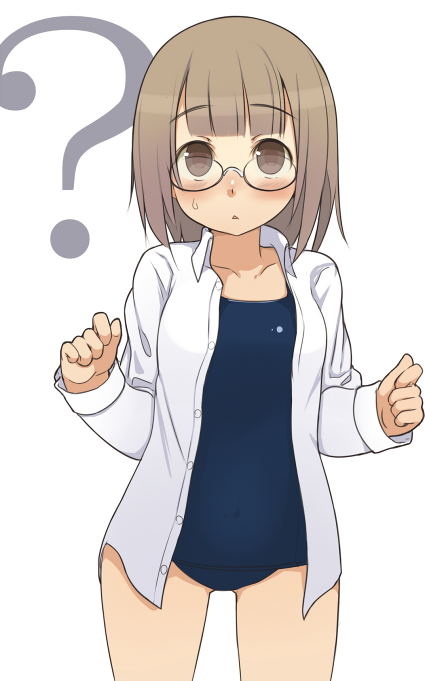 :&lt; ? blush brown_eyes brown_hair dress_shirt glasses highres one-piece_swimsuit open_clothes open_shirt original oza_watto school_swimsuit shirt short_hair solo sweatdrop swimsuit swimsuit_under_clothes