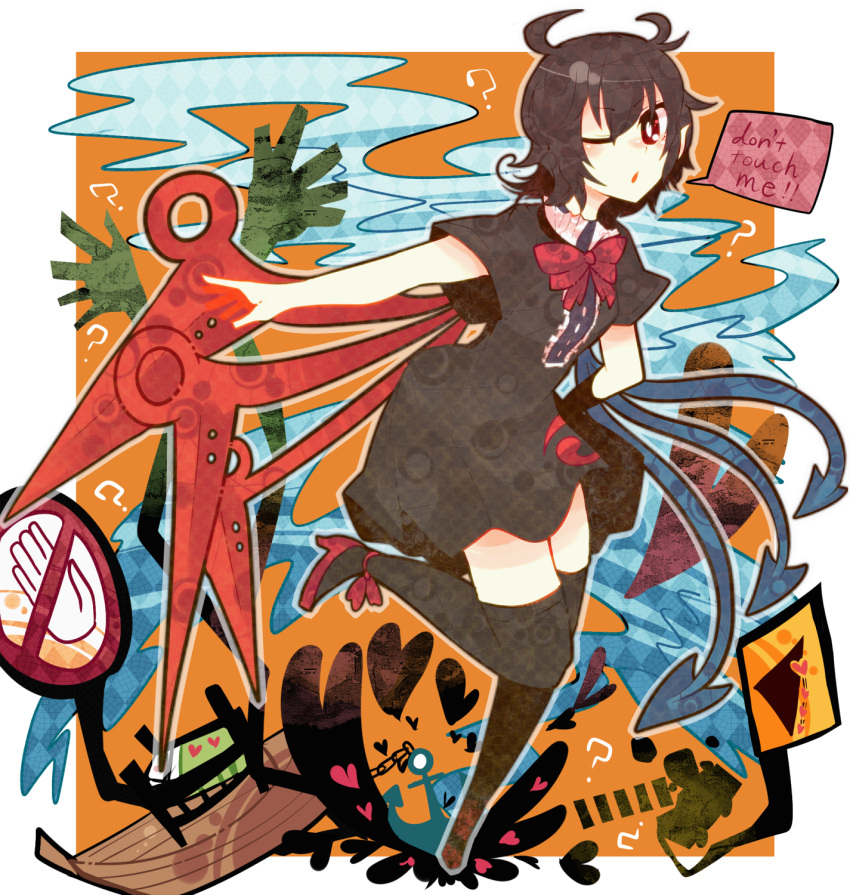 ? anchor asymmetrical_wings bad_id black_hair black_legwear car dress english hands heart high_heels highres houjuu_nue motor_vehicle palanquin_ship red_eyes ringetsumon shadow ship shoes short_hair sign smile solo text thigh-highs thighhighs touhou vehicle water wings wink zettai_ryouiki