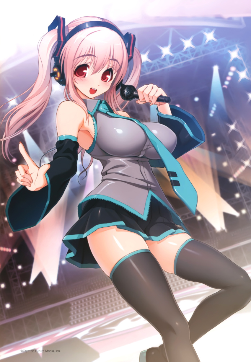 1girl absurdres alternate_hairstyle aqua_necktie aqua_neckwear bare_shoulders black_skirt blush boots breasts collared_shirt cosplay crossover detached_sleeves eyebrows_visible_through_hair female grey_shirt hair_between_eyes happy hatsune_miku hatsune_miku_(cosplay) headphones highres holding holding_microphone impossible_clothes impossible_shirt index_finger_raised large_breasts long_hair looking_at_viewer microphone miniskirt necktie nitroplus open_mouth pink_hair red_eyes shiny shiny_skin shirt skin_tight skindentation skirt sleeveless sleeveless_shirt slender_waist solo stage super_sonico taut_shirt thigh-highs thighhighs tsuji_santa twintails two-tone_skirt vocaloid zettai_ryouiki