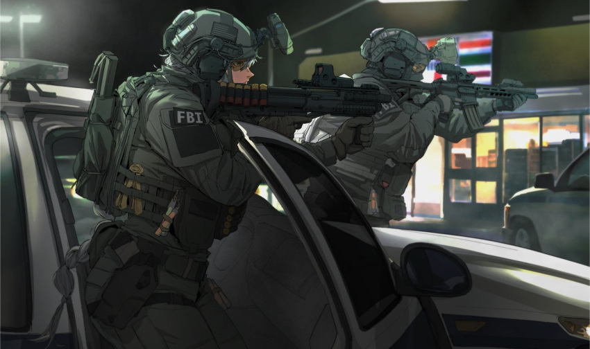 1boy 1other 7-eleven aiming ammunition ammunition_pouch ar-15 assault_rifle backpack bag black_gloves bulletproof_vest bullpup car closed_mouth combat_helmet convenience_store cowboy_shot cropped dark_skin eotech fbi from_side glock gloves goggles grey_jacket grey_pants gun handgun headset helmet highres holding holding_weapon holster jacket kel-tec_ksg lamppost male_focus maxturbo69 military motor_vehicle night night_vision_device non-web_source original pants pouch pump_action rifle scope shop shotgun shotgun_shell solo_focus supermarket tactical_clothes tactical_gloves weapon white_hair