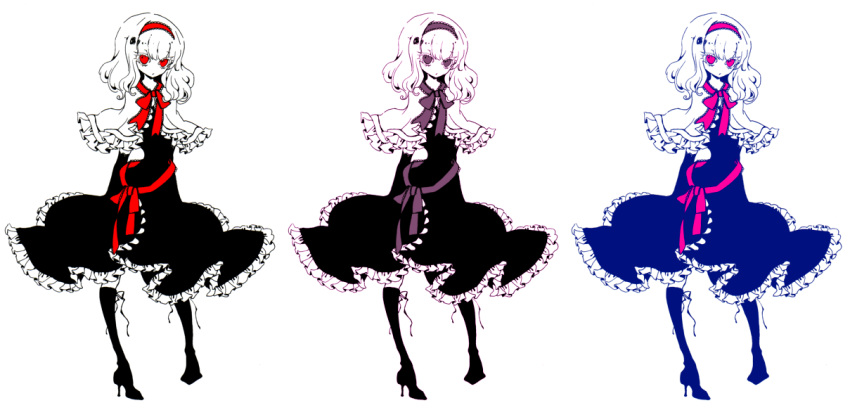 alternate_color boots capelet dress elbow_gloves eyelashes frills gloves hairband high_heels miri monochrome multiple_monochrome no_nose ribbon shoes short_hair simple_background spot_color touhou variations wavy_hair white_background