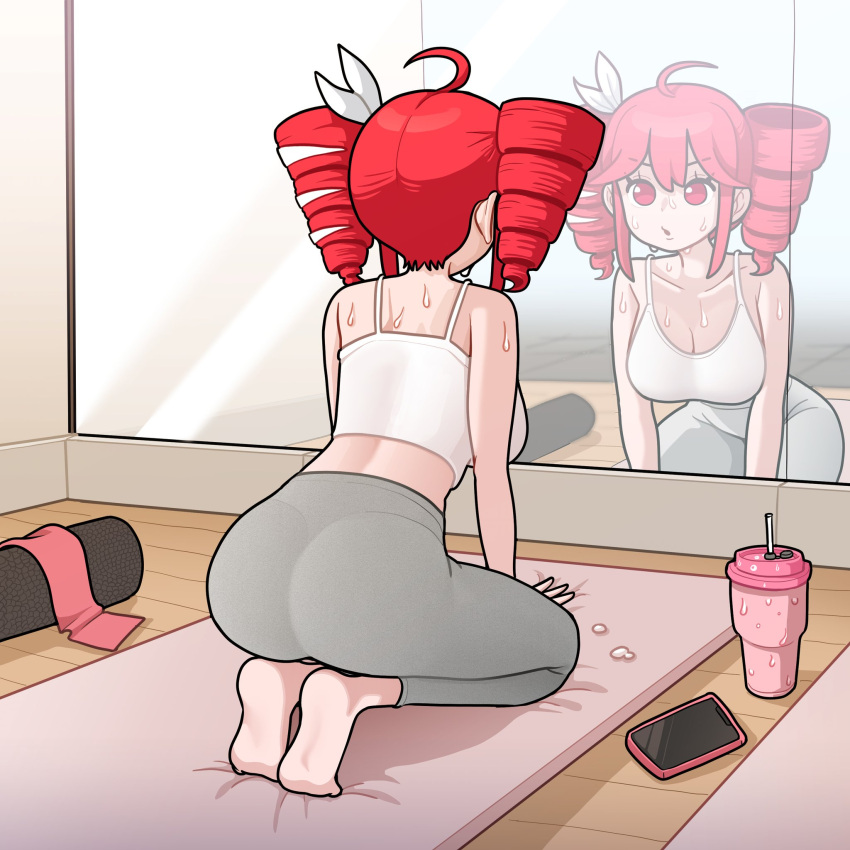 1girl :o ahoge bangs barefoot breasts collarbone drill_hair full_body gym gym_uniform kasane_teto kasane_teto_(sv) leggings looking_at_mirror medium_breasts mirror phone red_eyes red_hair sidelocks sigh smartphone solo sports_bra sweat sweatdrop sweaty synthesizer_v tiptoes twin_drills utau yoga_mat