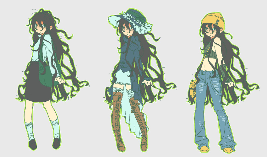 absurdres arm_warmers bag bare_shoulders beanie black_hair black_skirt blue_coat boots breasts chinese_commentary coat commentary_request crop_top degrees_of_lewdity denim dian_zi_yang double-parted_bangs frilled_skirt frills full_body glasses green_arm_warmers green_lining green_outline grey_background hair_between_eyes hat highres jeans juliet_sleeves kylar_(degrees_of_lewdity) kylar_(female)_(degrees_of_lewdity) lace-up_thighhighs loafers long_hair long_hair_between_eyes long_sleeves looking_at_viewer medium_skirt messy_hair miniskirt neck_ruff outline pants puffy_sleeves round_eyewear shirt shirt_tucked_in shoes shoulder_bag simple_background skirt sleeveless sleeveless_shirt small_breasts socks standing stomach sun_hat tailcoat thigh_boots variations very_long_hair white_shirt white_skirt white_socks yellow_hat