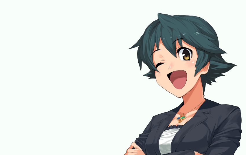 1girl bing blue_hair eyebrows_visible_through_hair happy highres jewelry microsoft_bing nanao_(bing) necklace one_eye_closed open_mouth short_hair simple_background wallpaper windows wink yellow_eyes