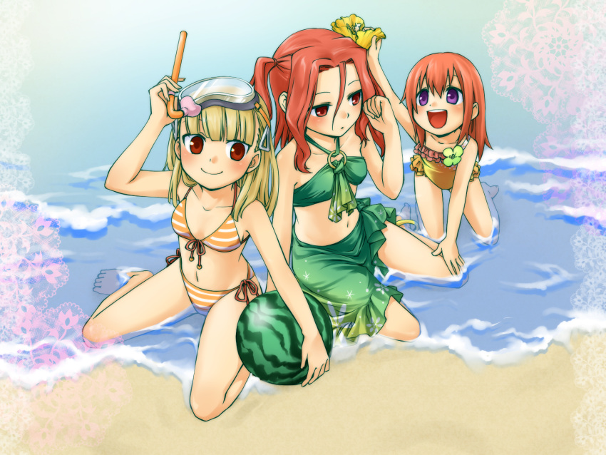 :d anklet barefoot beach bikini blonde_hair candy_(rune_factory) diving_mask drop_(rune_factory) flower food front-tie_top fruit hair_flower hair_ornament highres holding holding_fruit jewelry junji kneeling long_hair multiple_girls one-piece_swimsuit open_mouth purple_eyes red_eyes red_hair redhead rosetta rune_factory rune_factory_frontier sarong side-tie_bikini sitting smile snorkel striped striped_bikini striped_swimsuit swimsuit twintails violet_eyes wading wariza water watermelon