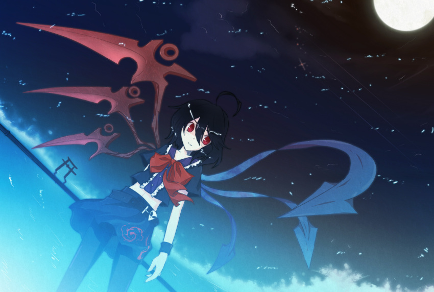 auer belt black_hair bow dutch_angle highres houjuu_nue large_wings midriff moon night pantyhose red_eyes smile solo torii touhou wings