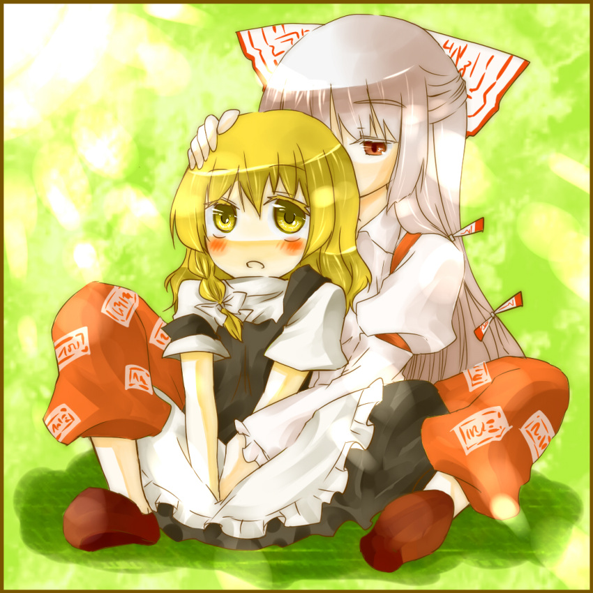 apron artist_request blonde_hair blush braid brown_eyes fujiwara_no_mokou hair_ribbon kirisame_marisa long_hair long_sleeves looking_up multiple_girls no_nose pants ribbon shoes short_sleeves silver_hair sitting touching touhou yellow_eyes yjy yuri