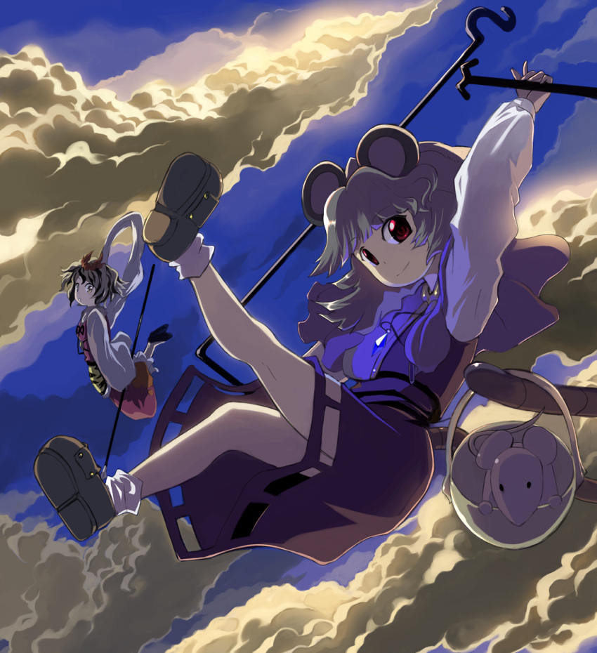 basket blonde_hair cloud clouds flying grey_hair hair_ornament highres jewelry mouse mouse_ears mouse_tail nazrin pendant polearm red_eyes shape shawl shope short_hair sky spear tail toramaru_shou touhou weapon yellow_eyes