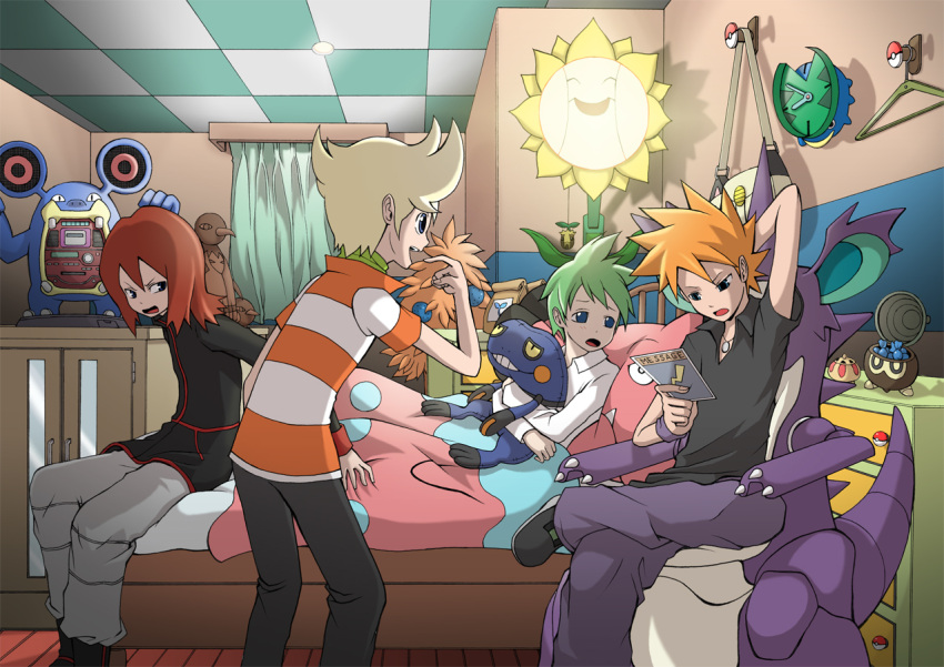 ahoge annotated bed blonde_hair blue_eyes blush boots brown_hair chair croagunk curtains green_hair happy jacket jewelry jun_(pokemon) lotad loudred lying magyo meowth mitsuru_(pokemon) multiple_boys natu necklace nidoking objectification ookido_green ookido_green_(frlg) open_mouth pearl_(pokemon) pillow pillow_hug pointing poke_ball_theme pokemon pokemon_(creature) pokemon_(game) pokemon_dppt pokemon_gsc pokemon_rgby pokemon_rse popped_collar red_hair redhead scarf seedot short_sleeves silver_(pokemon) silver_(pokemon)_(classic) sitting sleepy smile snubbull striped stuffed_animal stuffed_toy sunflora sunkern themed_object wallpaper xatu