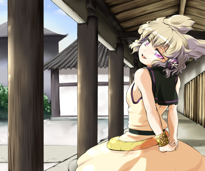 arms_behind_back byoin earmuffs headphones looking_at_viewer looking_back purple_hair smile solo touhou toyosatomimi_no_miko