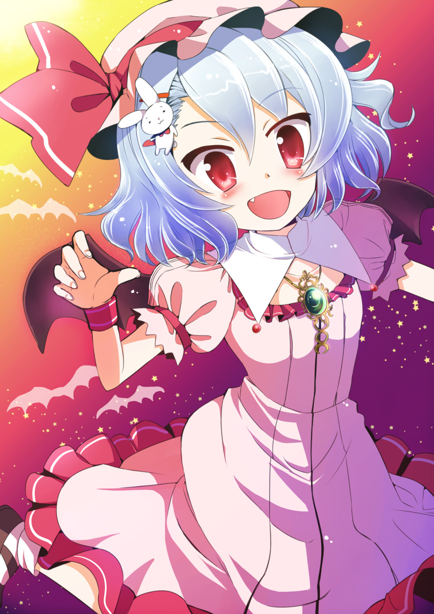 bat_wings blue_hair bunny dress hat highres jewelry open_mouth pendant purple_hair rabbit red_eyes remilia_scarlet short_hair solo star torisuke_(koinohito) touhou wings wristband