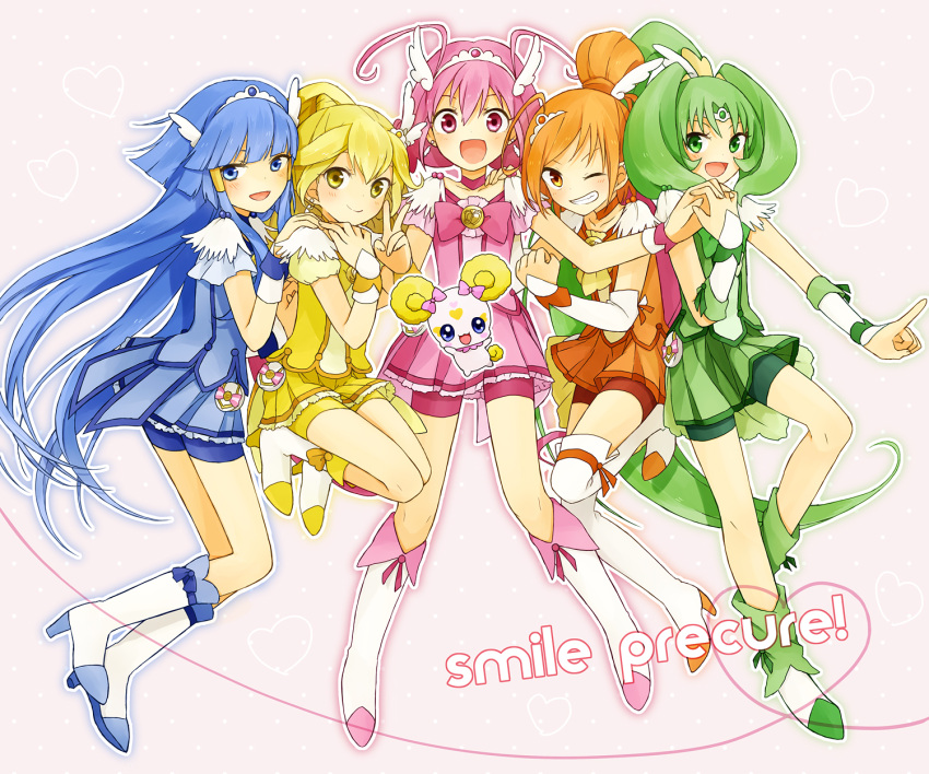 aoki_reika bike_shorts blonde_hair blue_dress blue_eyes blue_hair boots bowtie brooch candy_(smile_precure!) choker circlet cure_beauty cure_happy cure_march cure_peace cure_sunny dress earrings gloves green_dress green_eyes green_hair grin hair_bun hair_tubes hand_holding hand_on_shoulder happy head_wings heart heart_of_string highres hino_akane holding_hands hoshizora_miyuki jammy21 jewelry kise_yayoi long_hair magical_girl midorikawa_nao multiple_girls no_nose orange_dress orange_eyes orange_hair payot pink_dress pink_eyes pink_hair pointing ponytail precure shoes shorts_under_skirt skirt smile smile_precure! thigh-highs thighhighs tiara title_drop tri_tails v white_background white_legwear wink wrist_cuffs yellow_dress yellow_eyes