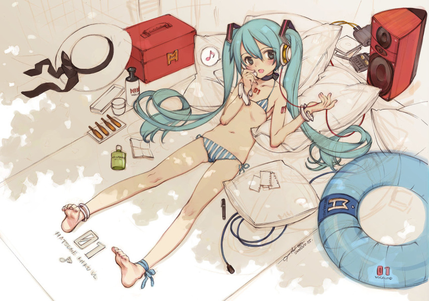 ankle_ribbon anklet aqua_hair barefoot bikini blush bracelet choker cushion feet flat_chest hat hatsune_miku headphones jewelry long_hair micro_bikini ooyari_ashito open_mouth side-tie_bikini sketch solo speaker striped striped_bikini striped_swimsuit swimsuit toes twintails very_long_hair vocaloid