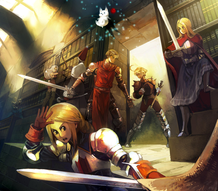 3girls agrias_oaks ahoge archer_(fft) armor arrow battle black_mage black_mage_(fft) blonde_hair blue_eyes book boots bow_(weapon) braid final_fantasy final_fantasy_tactics gauntlets gloves gun hat knight_(fft) library long_hair montebla moogle multiple_boys multiple_girls mustadio_bunansa noto pistol ramza_beoulve single_braid staff stairs tabard thigh-highs thigh_boots thighhighs time_mage time_mage_(fft) weapon wiegraf_folles witch_hat