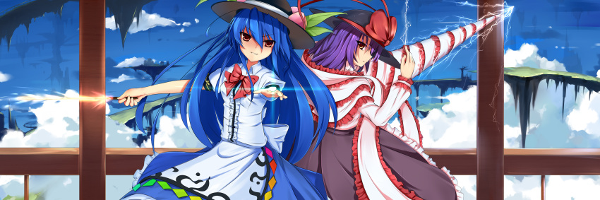 absurdres baisi_shaonian blue_hair blue_sky bow cloud dress drill electricity floating_island food frills fruit grin haraguroi_you hat highres hinanawi_tenshi long_hair looking_at_viewer multiple_girls nagae_iku orange_eyes peach pointing pointing_at_viewer purple_hair railing red_eyes ribbon shawl short_hair sky smile sword_of_hisou touhou