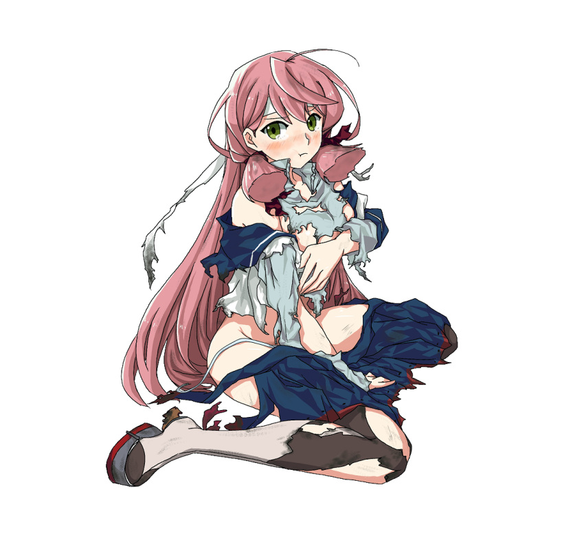 1girl :t akashi_(kantai_collection) blush breasts brown_legwear covering covering_breasts full-face_blush green_eyes headband kantai_collection long_hair official_style panties pink_hair side-tie_panties sitting tagme tears thigh-highs torn_clothes transparent_background underwear very_long_hair wariza white_panties