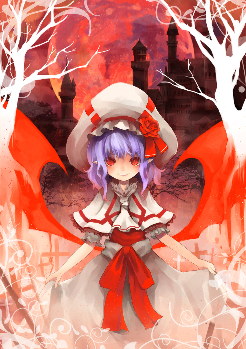 alternate_costume ascot bad_id bat_wings building capelet cross curiosities_of_lotus_asia fang flower full_moon grin hat hat_flower highres lavender_hair mansion moon nanashina pointy_ears purple_hair red_eyes red_moon remilia_scarlet short_hair skirt skirt_lift smile solo touhou wings