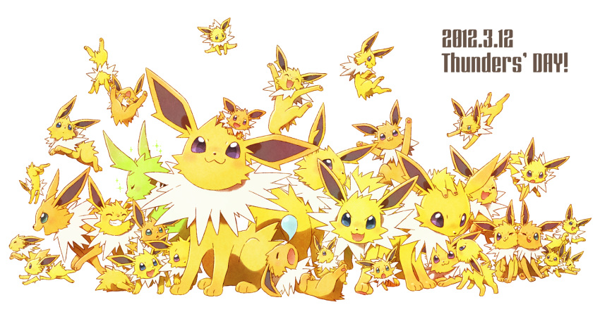 :3 :d alternate_color aqua_eyes character_name clone closed_eyes dated english eyes_closed green_eyes grin highres jolteon no_humans odd_one_out open_mouth pokemon pokemon_(creature) pokemon_(game) pokemon_rgby purple_eyes shiny_pokemon simple_background sleeping smile sparkle too_many violet_eyes wataametulip white_background