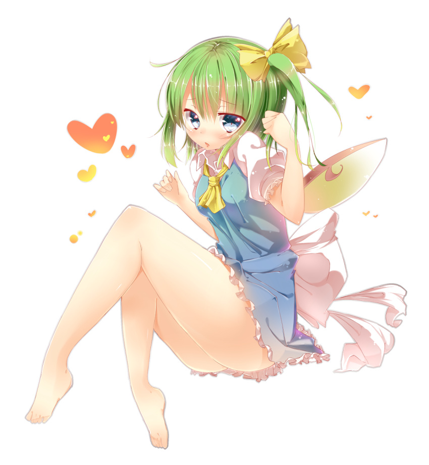 ascot bare_legs barefoot blue_eyes bow daiyousei dress feet green_hair hair_bow heart highres kurean legs no_panties short_hair side_ponytail simple_background solo touhou white_background wings